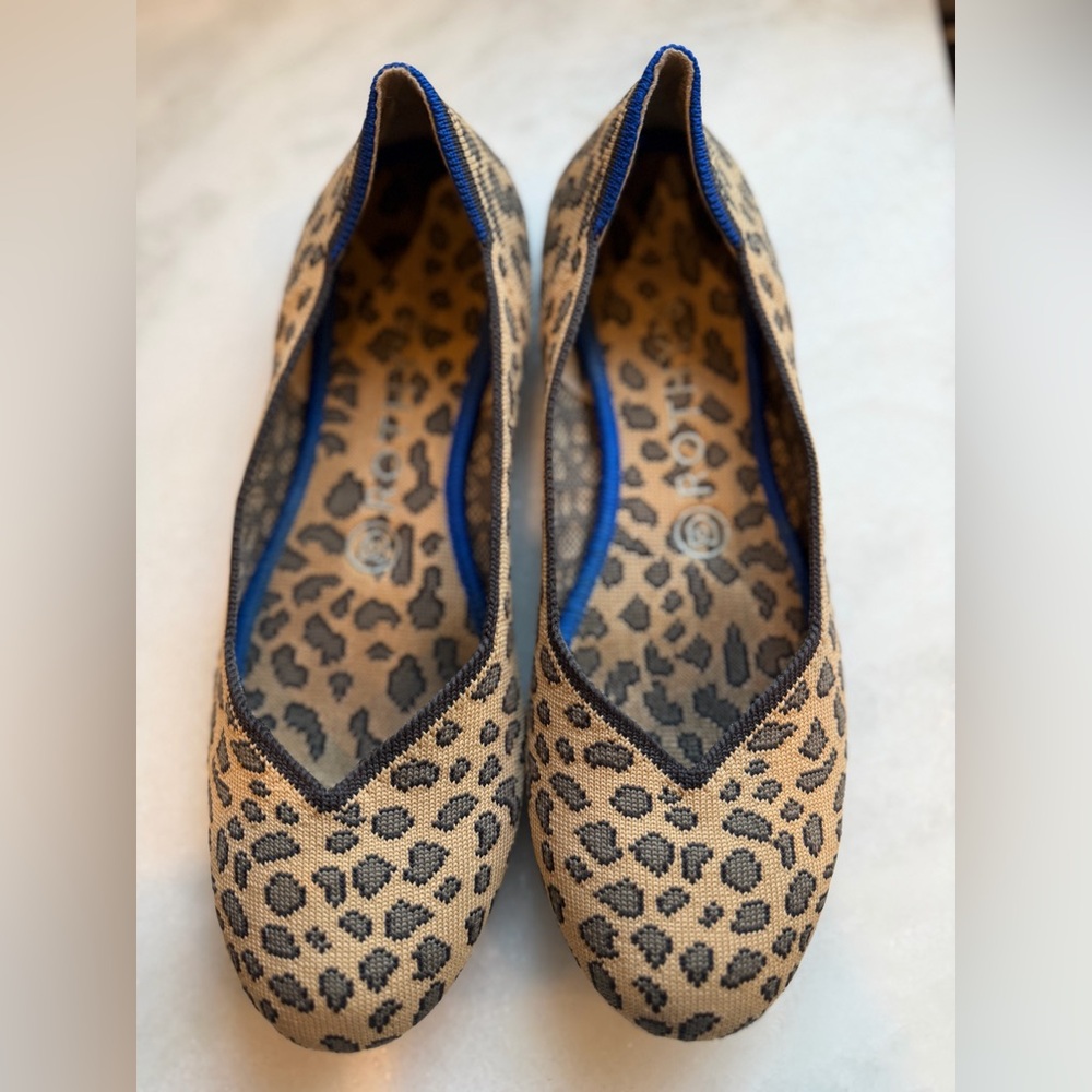 Rothy's Tan and Black Leopard Flats with Blue Trim
